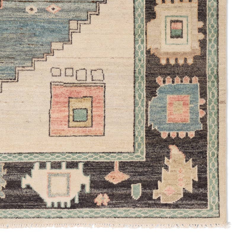 Reza hand-knotted wool rug with cream, blue, and black geometric patterns and fringe.
