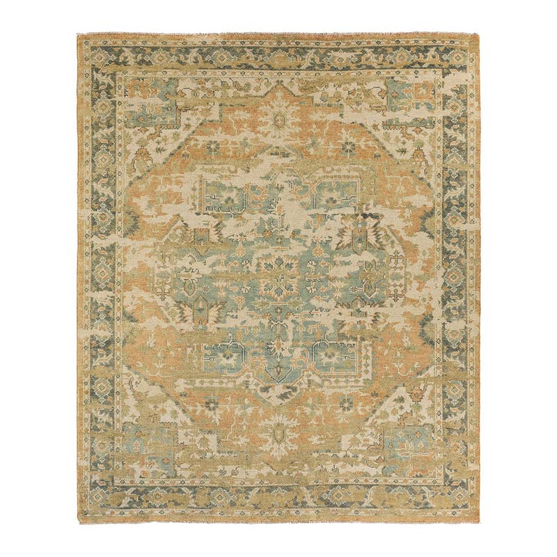 Rhapsody orange hand-knotted wool and viscose rug with a muted traditional pattern.