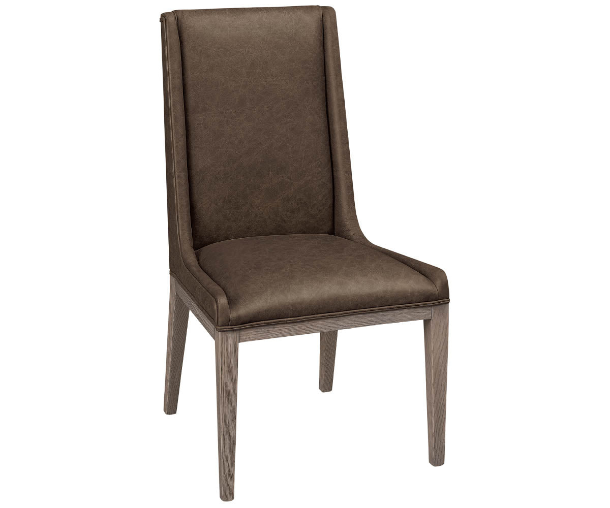 Ariel Side Chair in brown faux leather upholstery with a grey wood frame.