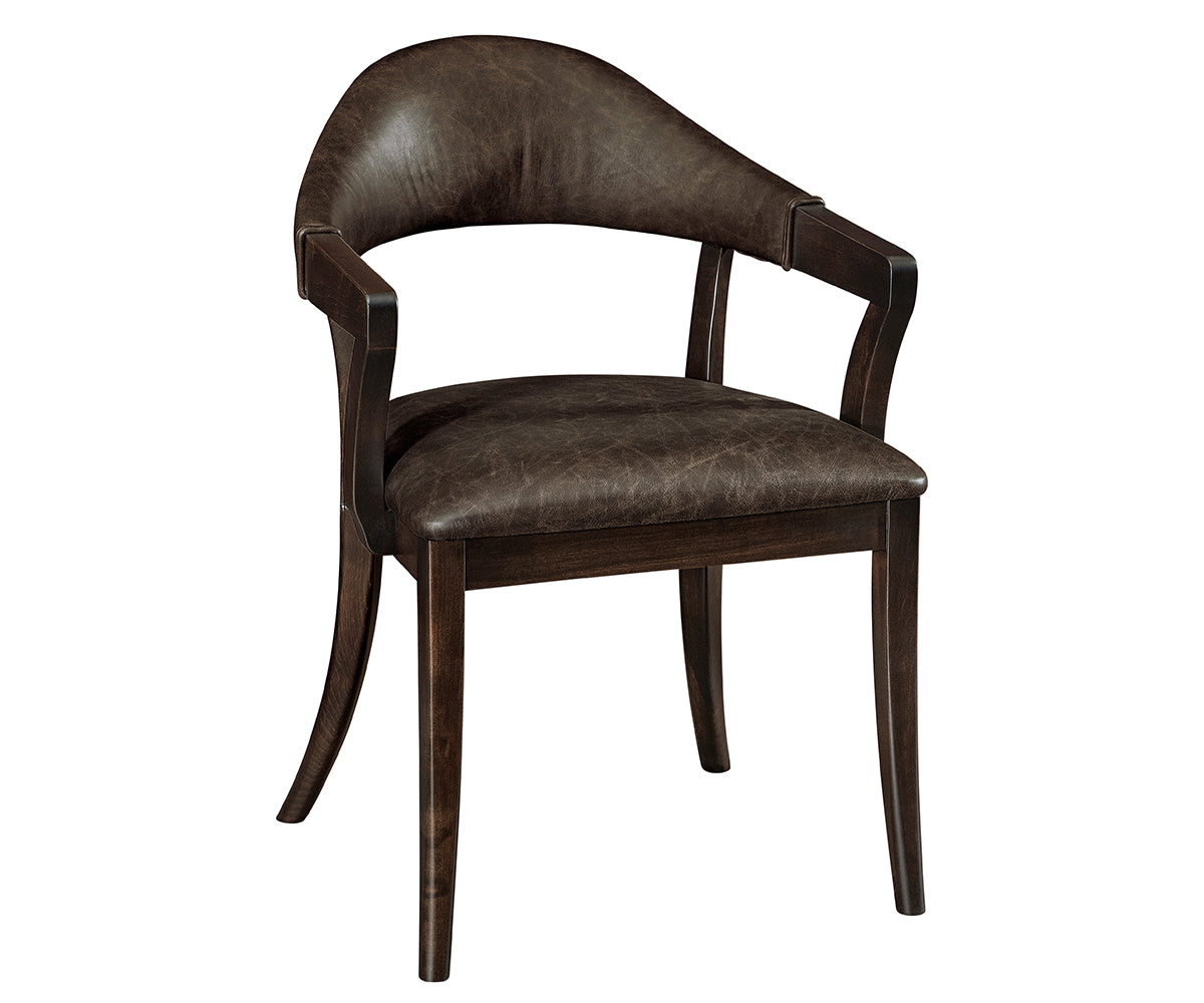 Elliott Arm Chair in dark brown leather upholstery with a matching solid wood frame.