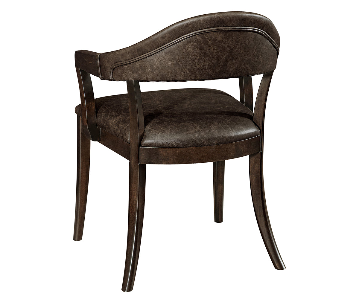 Elliott Arm Chair in dark brown wood with a curved, padded leather backrest and seat.