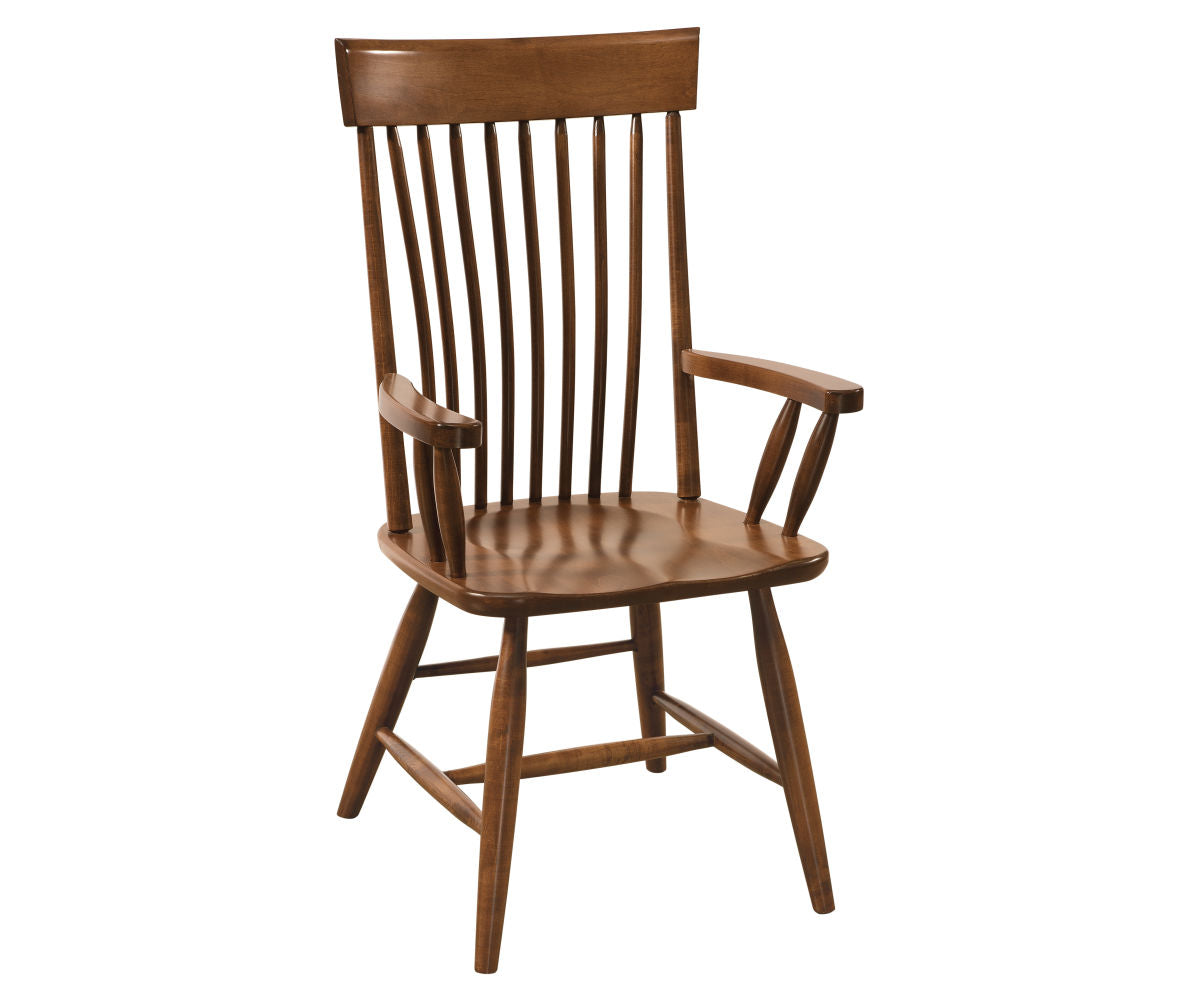 Albany solid hardwood arm dining chair with a warm brown finish and spindle backrest.