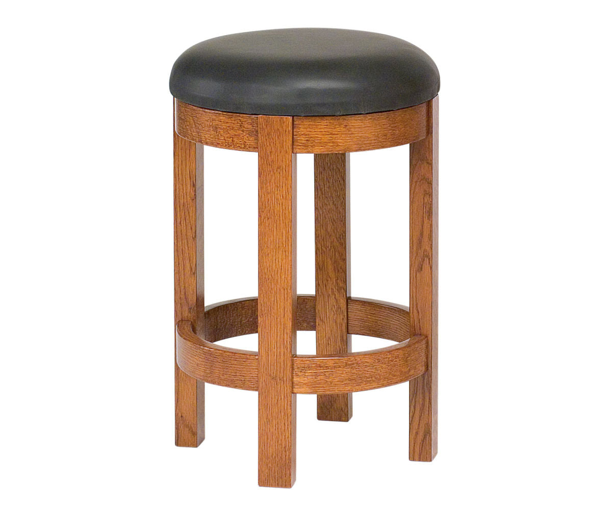Amish barrel swivel barstool with a black leather seat and oak wood frame.