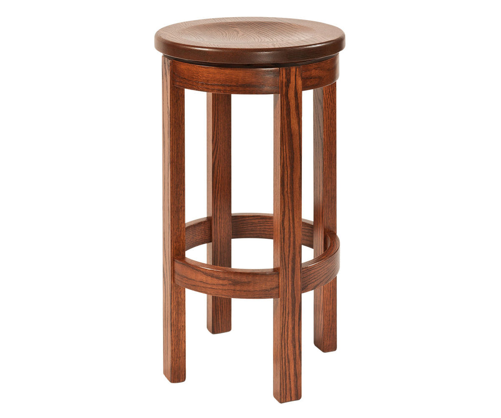 Amish barrel swivel barstool in dark brown solid hardwood with a round seat.