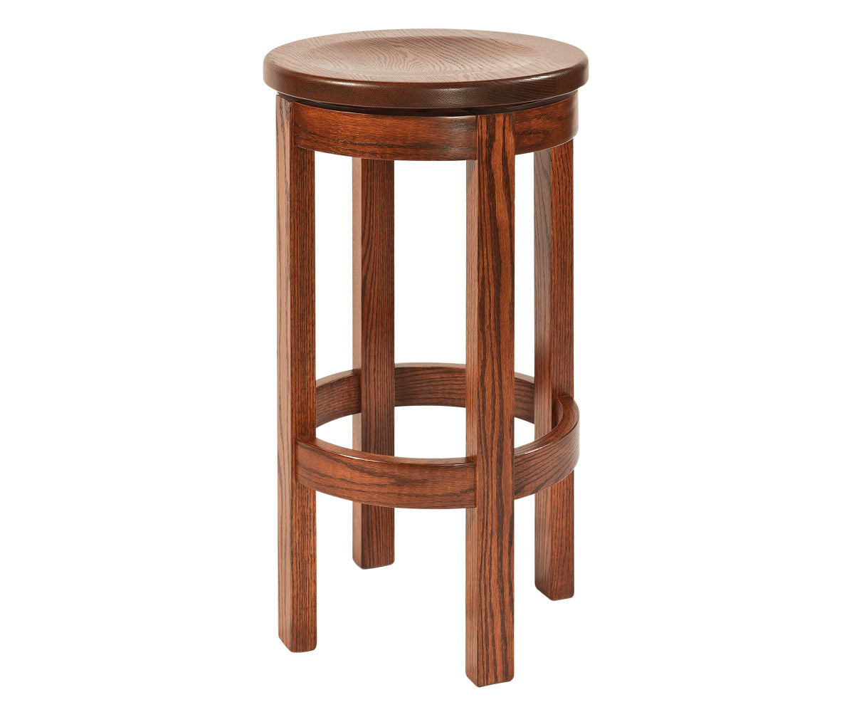 Amish barrel swivel barstool in dark brown solid hardwood with a round seat.