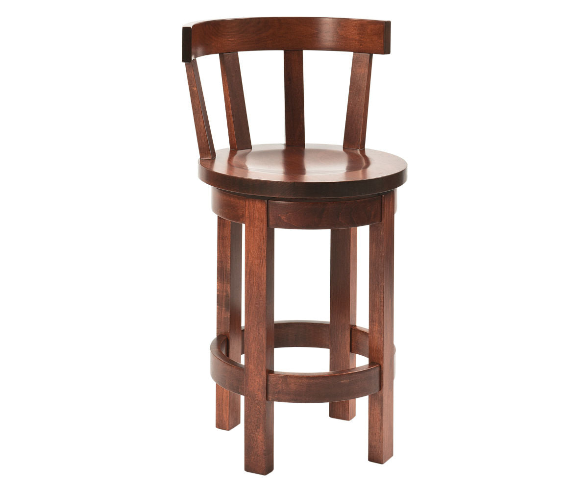 Dark brown wooden barrel swivel barstool with a curved backrest and footrest.