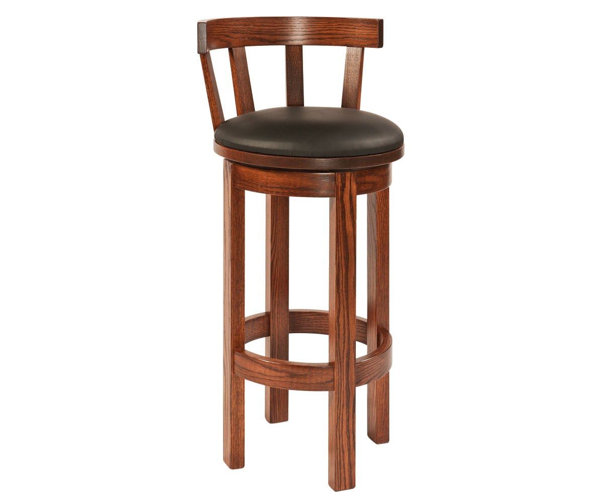 Wooden barrel swivel barstool with a dark brown leather seat and sturdy backrest.