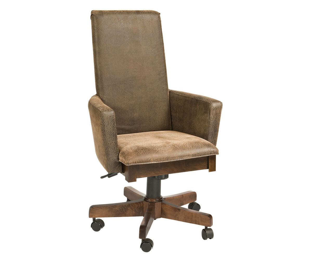 Bradbury upholstered brown leather desk chair with high back and wooden rolling base