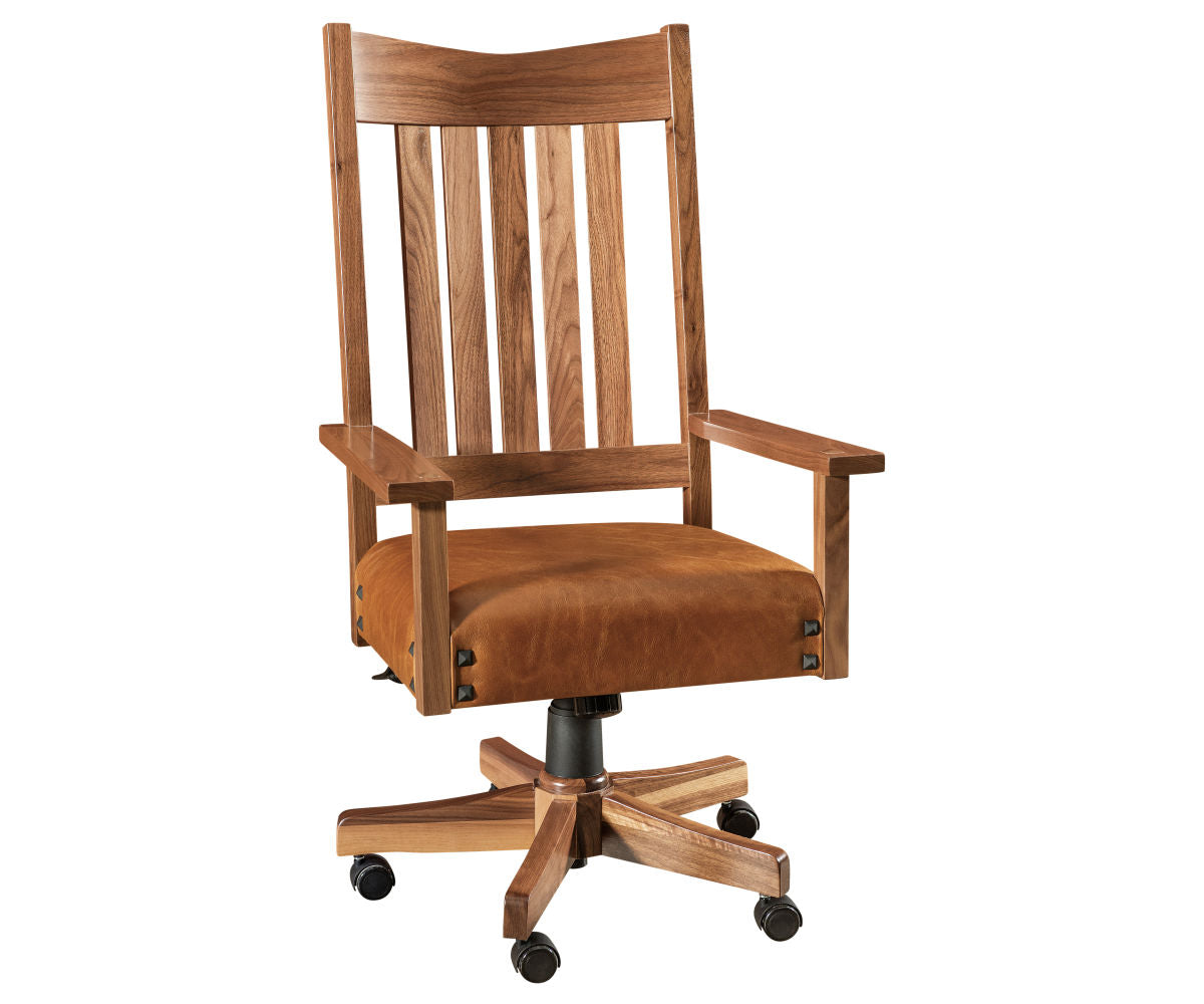 Conner Craftsman-style wooden desk chair with brown leather seat and rolling casters.