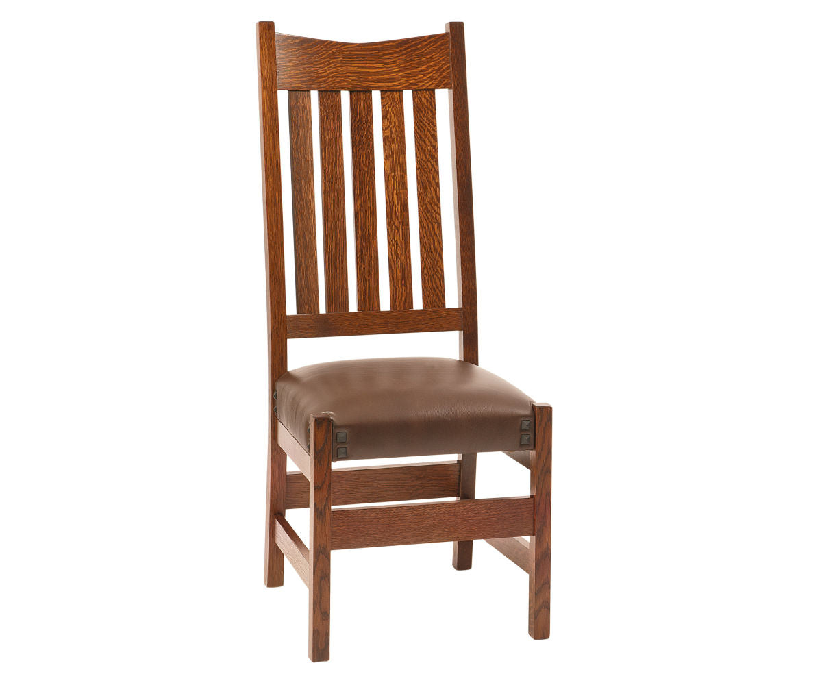 Conner Craftsman side chair in oak wood with a brown leather seat.