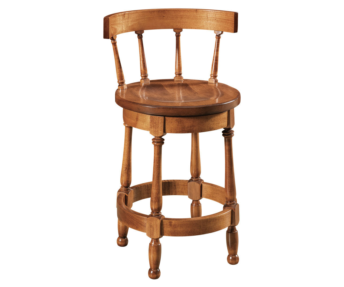 Cosgrove wooden swivel barstool with a curved backrest and turned legs