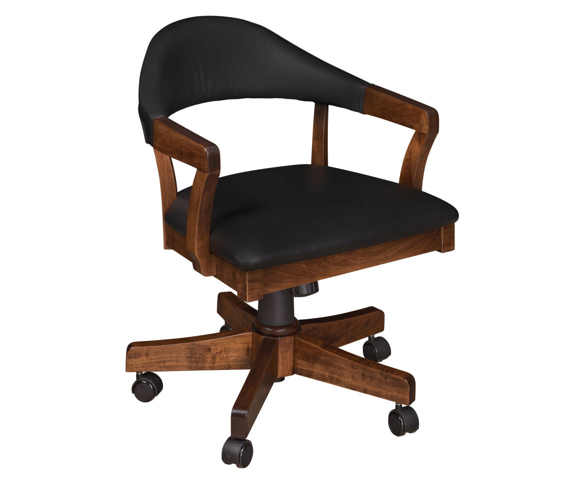 Elliott Desk Chair in dark brown solid wood with black leather seat and backrest on wheels.