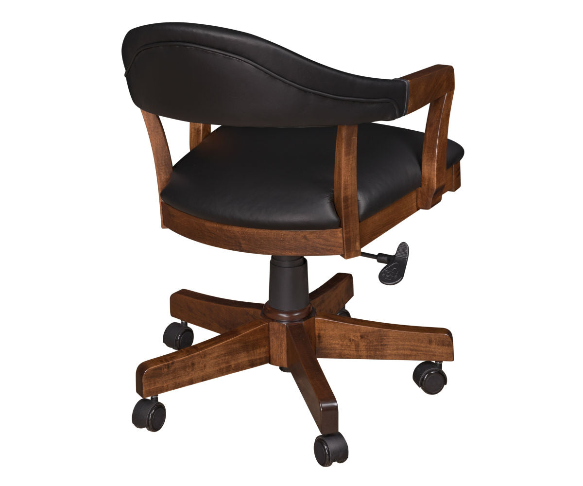 Elliott Desk Chair in brown solid wood with black leather seat and back on wheels