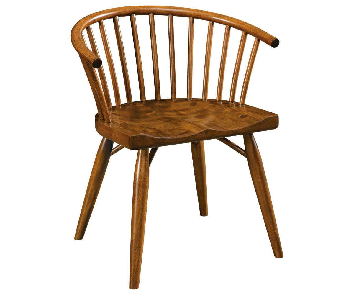Espin brown hardwood dining armchair with a curved spindle back and contoured seat.