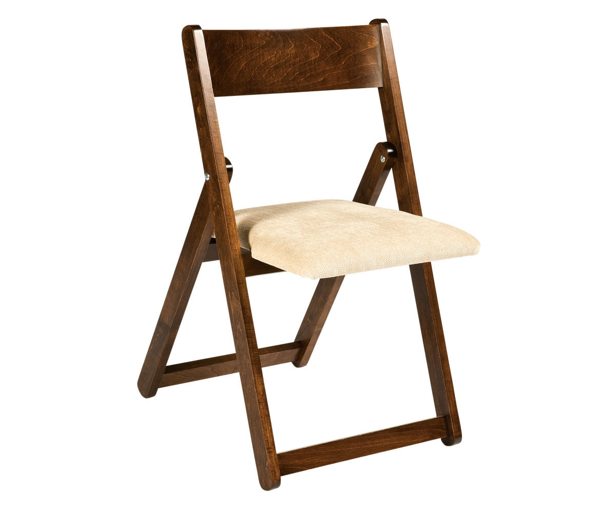 Dark wood Amish folding side chair with a beige upholstered seat cushion