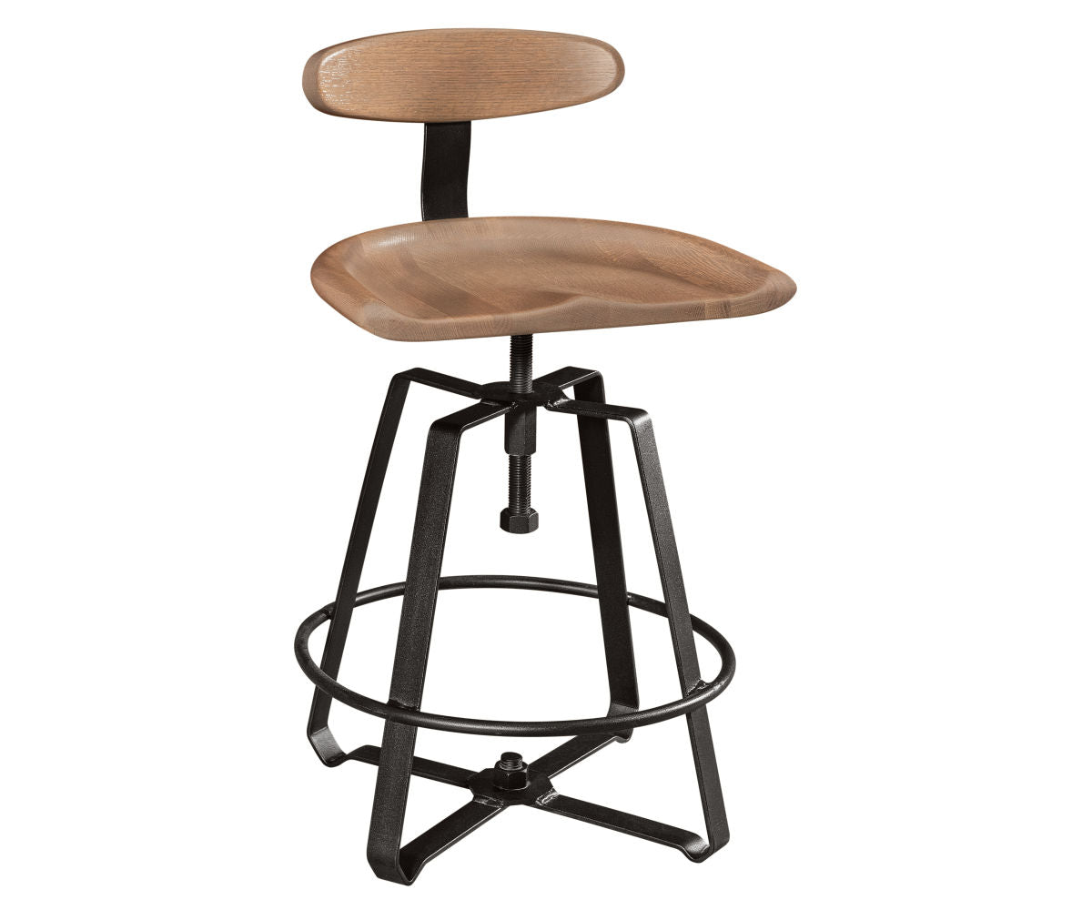Adjustable swivel stool with a contoured wood seat, backrest, and black iron base.