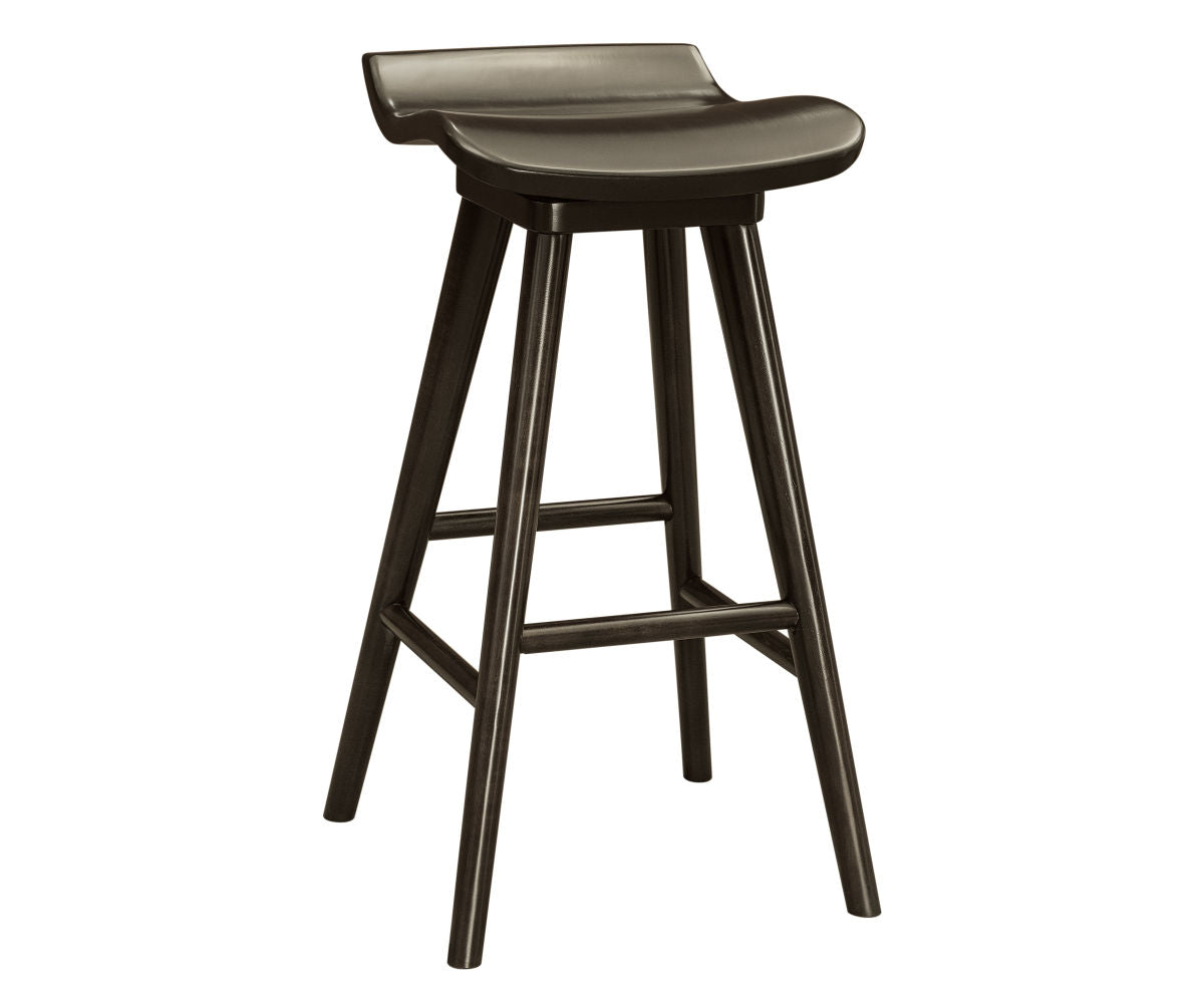 Lambert dark brown solid wood memory swivel barstool with a contoured saddle seat.