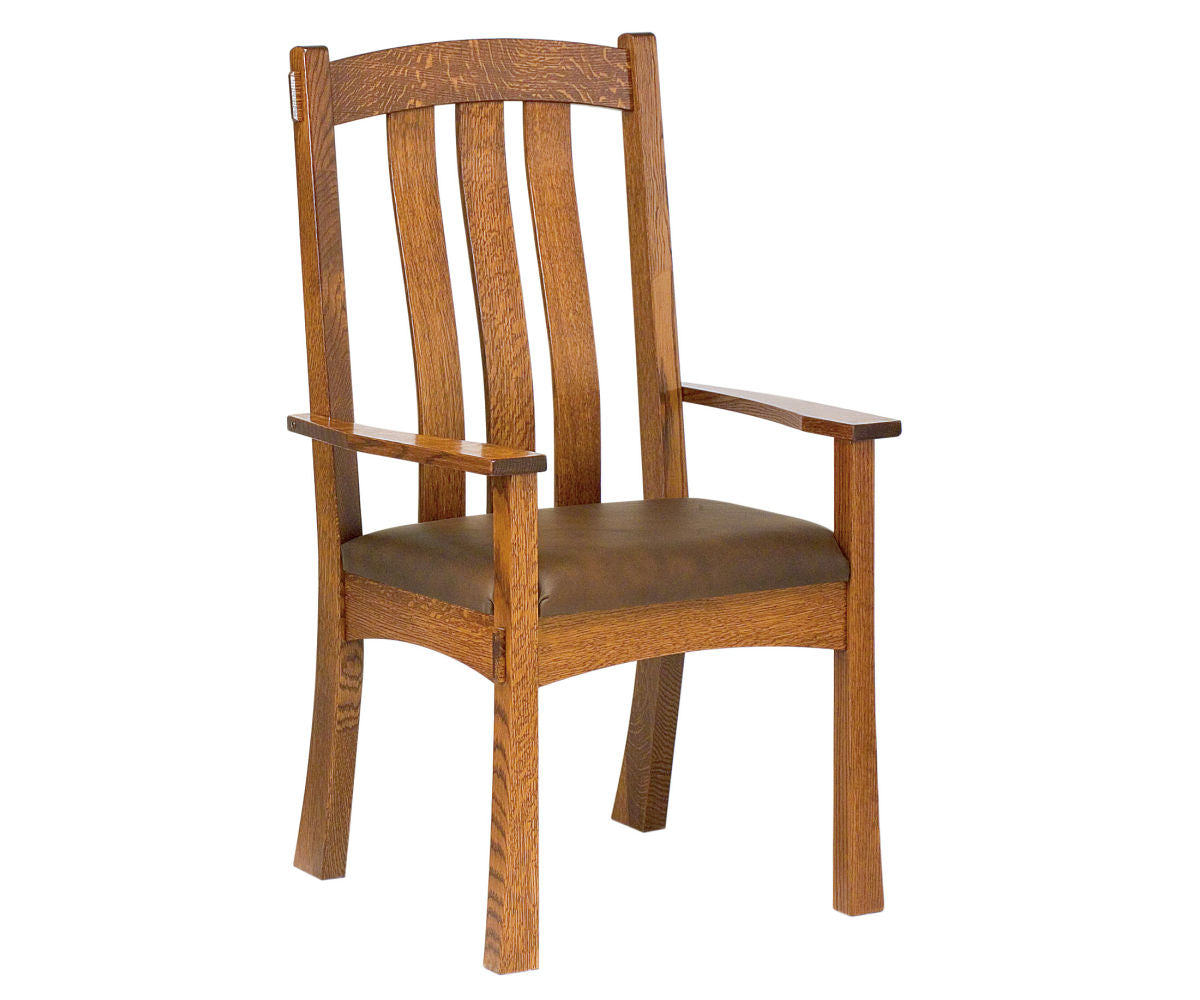 Modesto wooden arm chair with a brown leather seat and slat back.