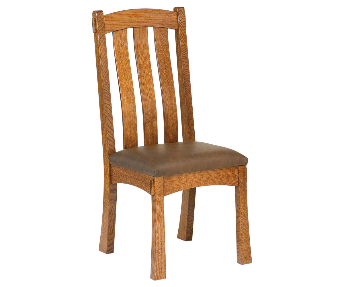 Modesto Craftsman-style solid oak side chair with a brown leather seat cushion.