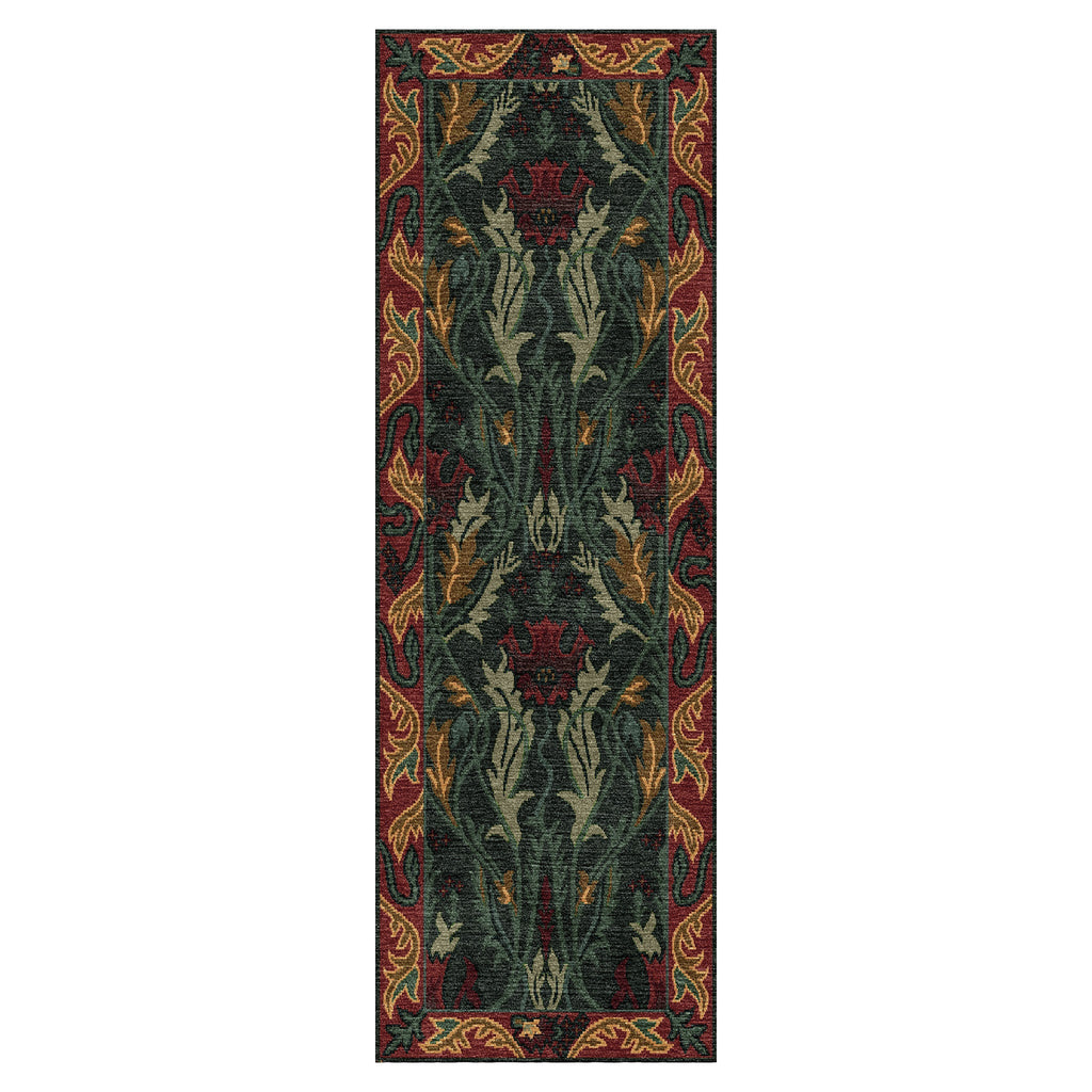 Morris Garden Stickley wool runner rug with green and red botanical acanthus motifs.