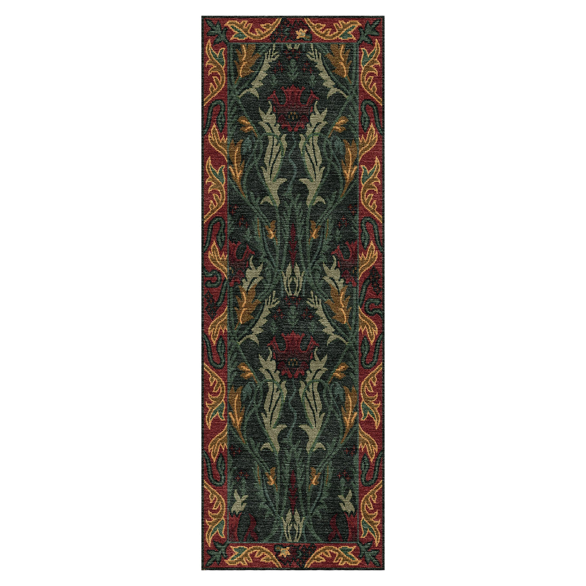 Morris Garden Stickley wool runner rug with green and red botanical acanthus motifs.