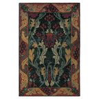 Morris Garden Stickley wool rug with dark green, red, and gold botanical motifs in a Craftsman style.