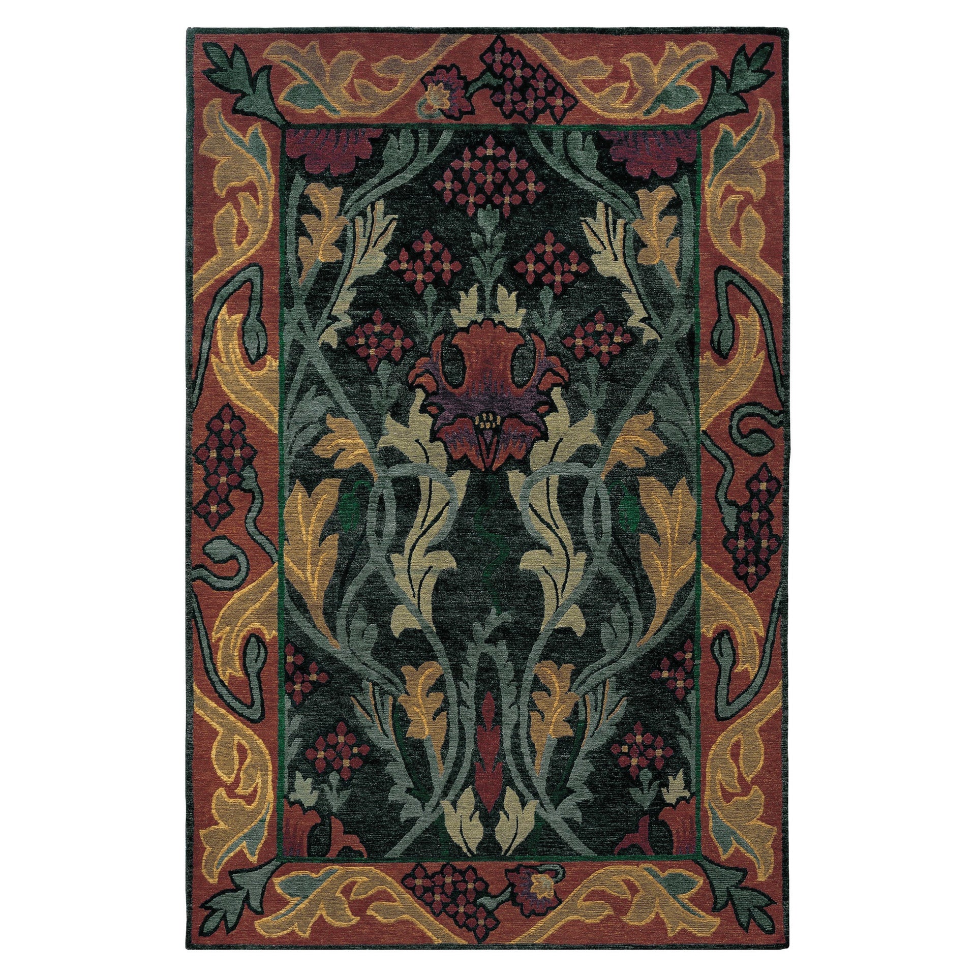 Morris Garden Stickley wool rug with dark green, red, and gold botanical motifs in a Craftsman style.
