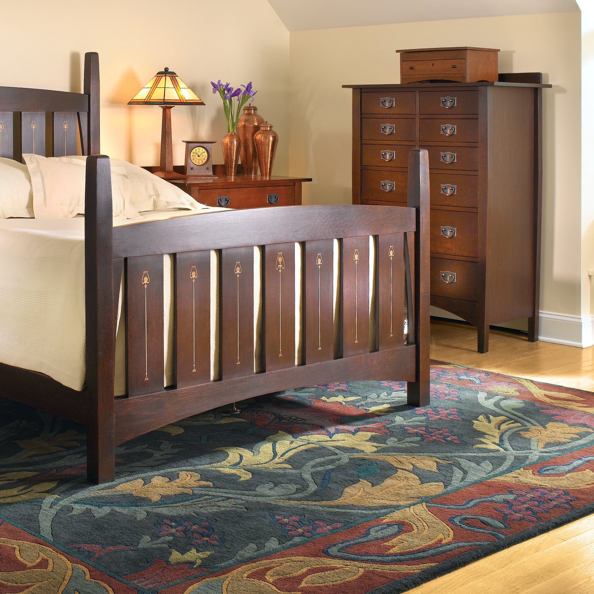 Morris Garden Stickley wool rug with botanical motifs in a Craftsman bedroom.