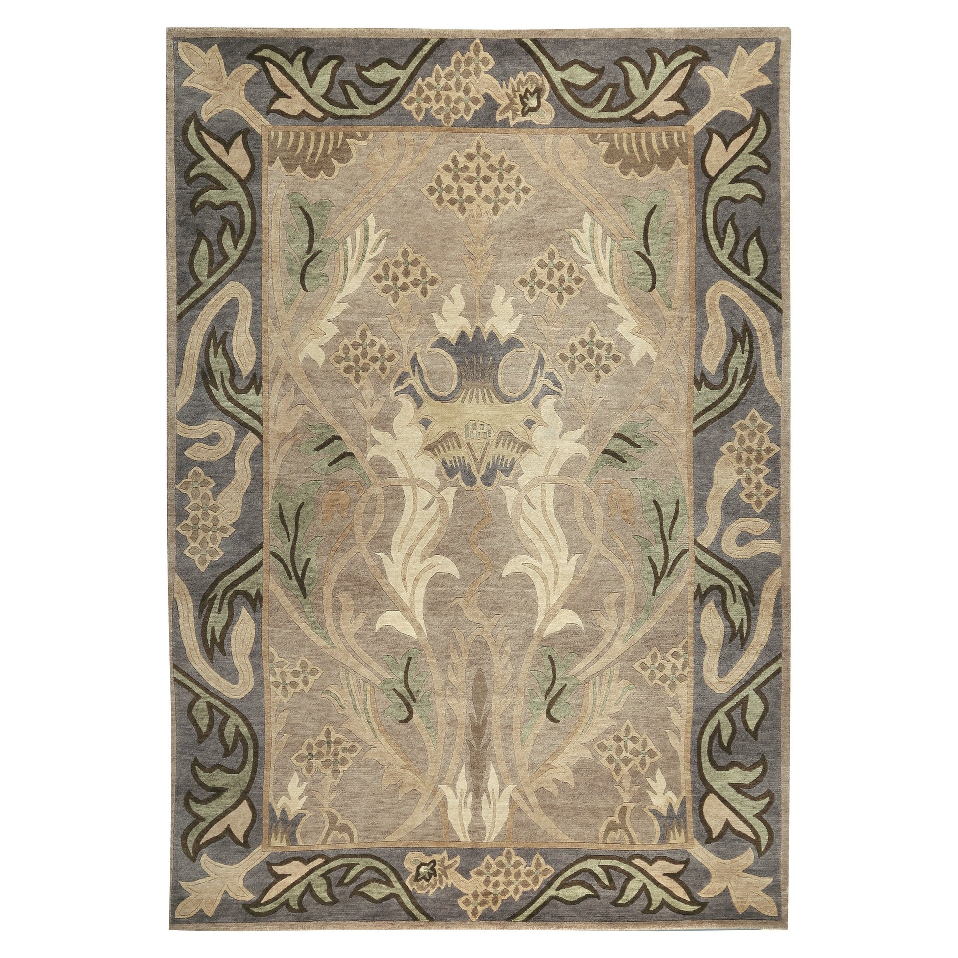 Silver wool rug with botanical acanthus and iris motifs in a William Morris style.