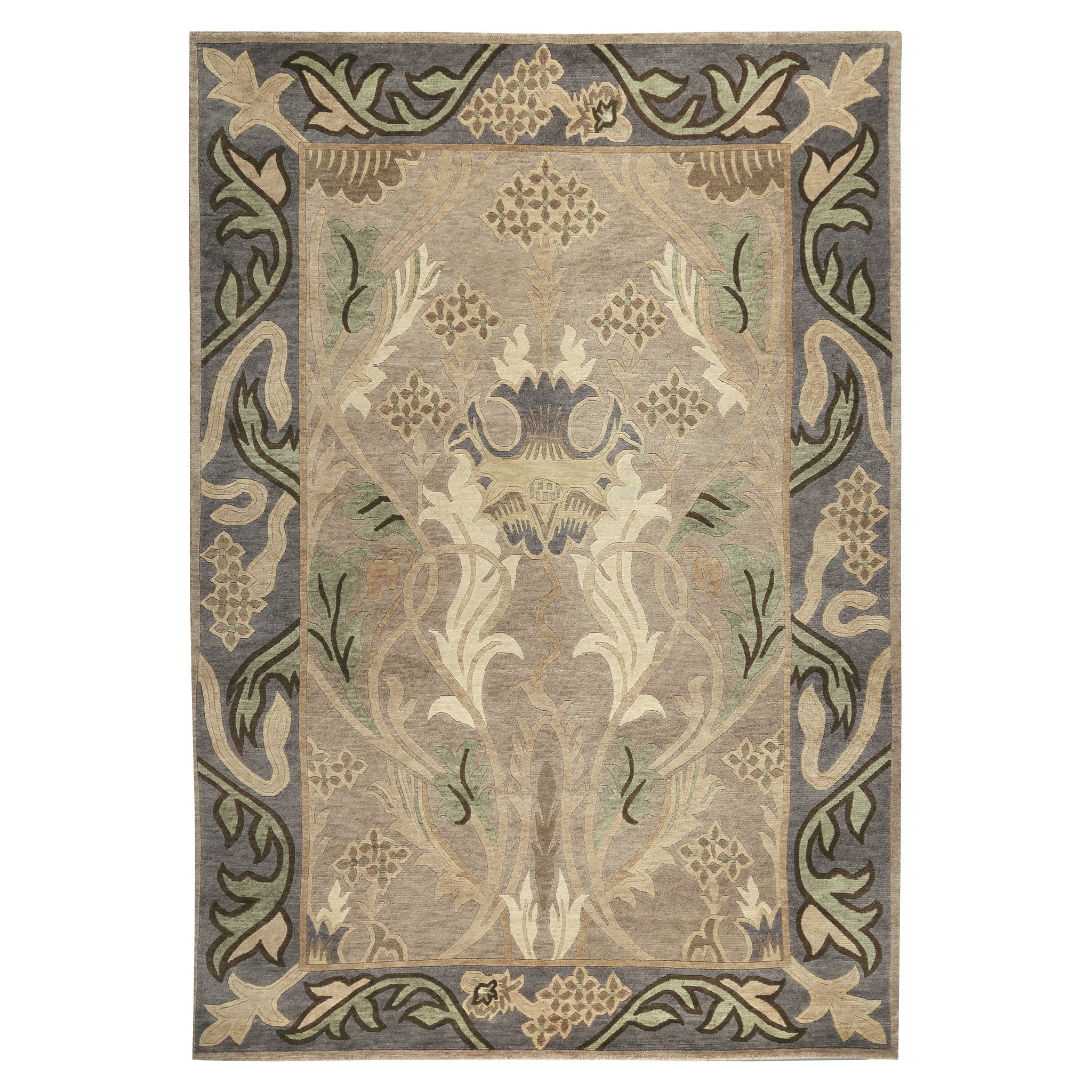 Silver wool rug with botanical acanthus and iris motifs in a William Morris style.