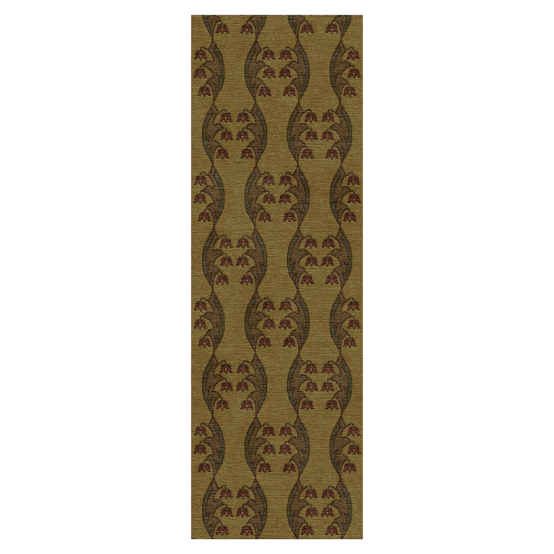 Craftsman Tulip Stickley wool runner rug with olive green and brown floral arts and crafts pattern.