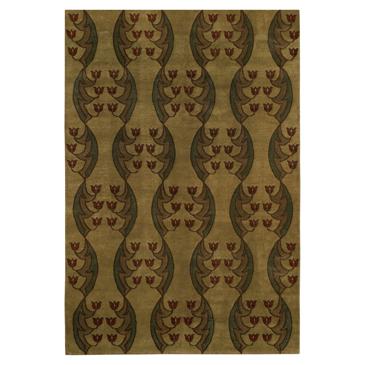 Craftsman Tulip Stickley wool rug in olive green with an Arts and Crafts style floral motif.
