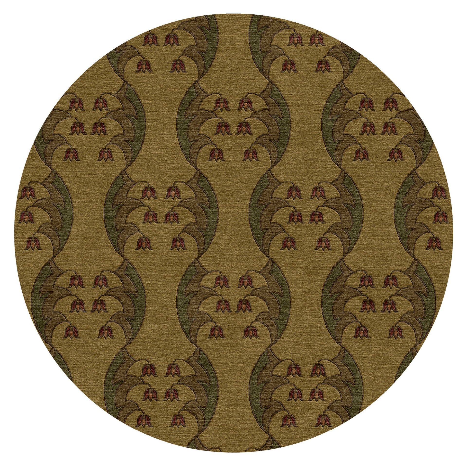 Round olive green wool rug with a repeating Arts and Crafts style tulip motif.