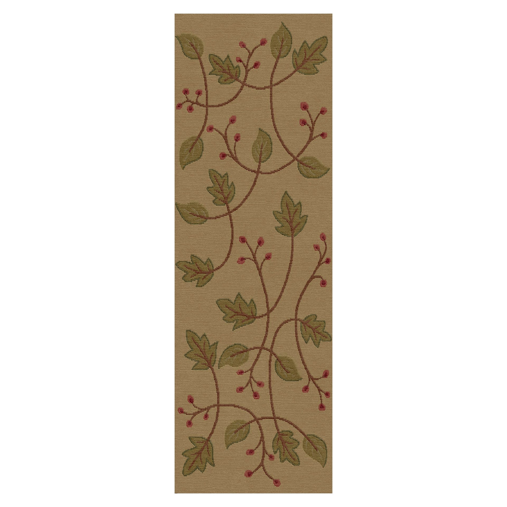 Stickley wool runner rug with green leaves and red berries on a beige background.