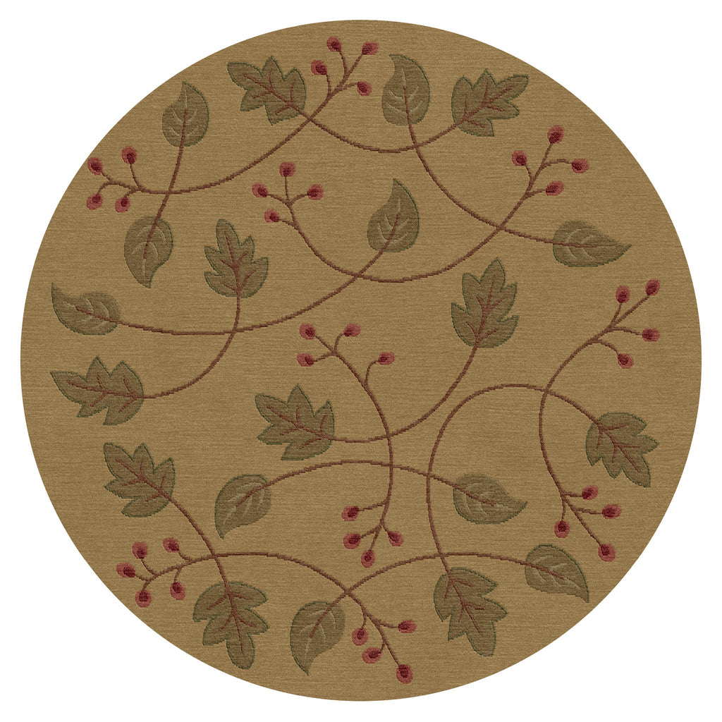 Round beige wool rug with a botanical pattern of green leaves and red berries on vines.
