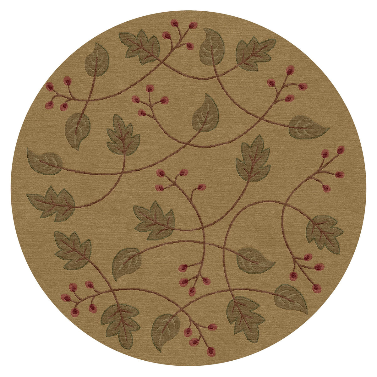 Round beige wool rug with a botanical pattern of green leaves and red berries on vines.