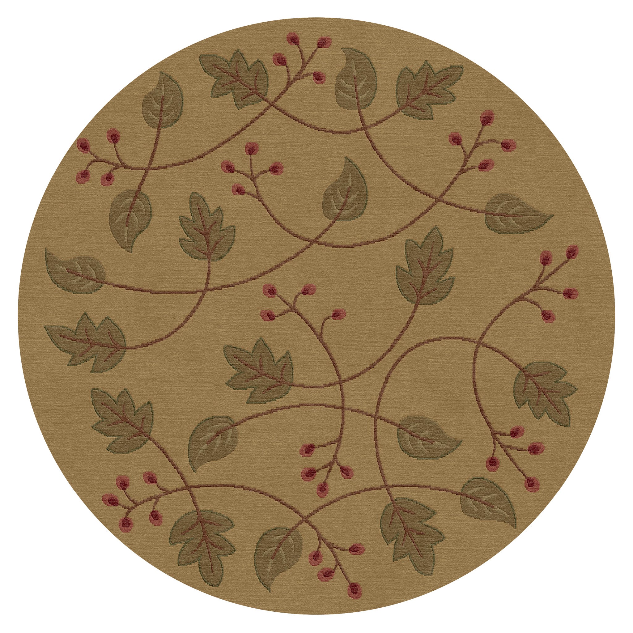 Round beige wool rug with a botanical pattern of green leaves and red berries on vines.