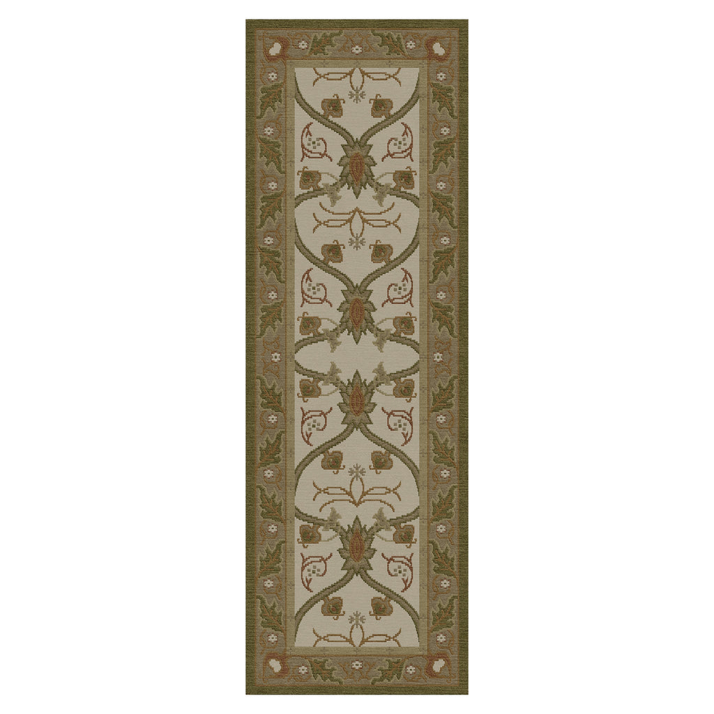 Cottage Garden Stickley wool runner rug with botanical design in green and beige.