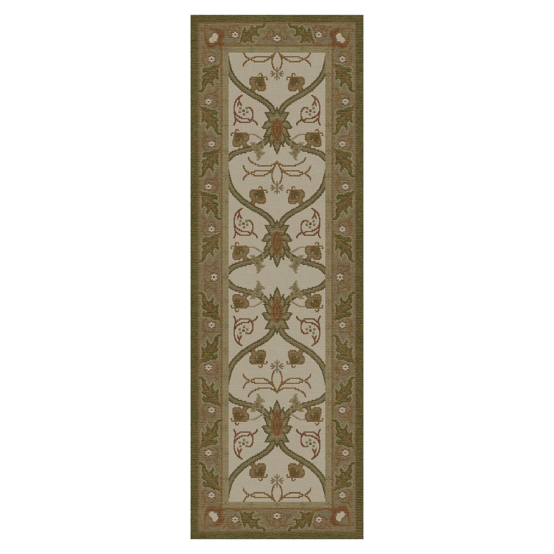 Cottage Garden Stickley wool runner rug with botanical design in green and beige.