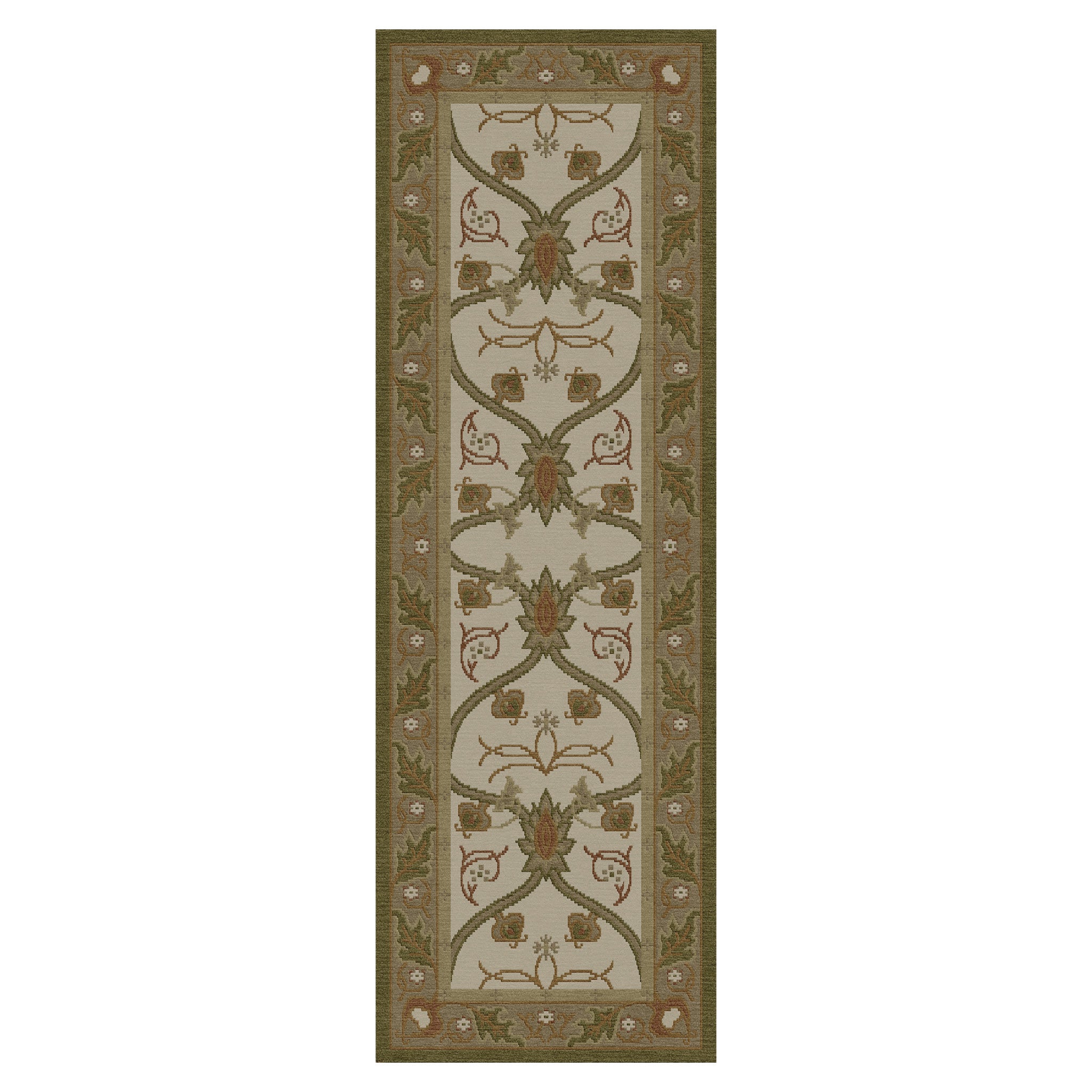 Cottage Garden Stickley wool runner rug with botanical design in green and beige.