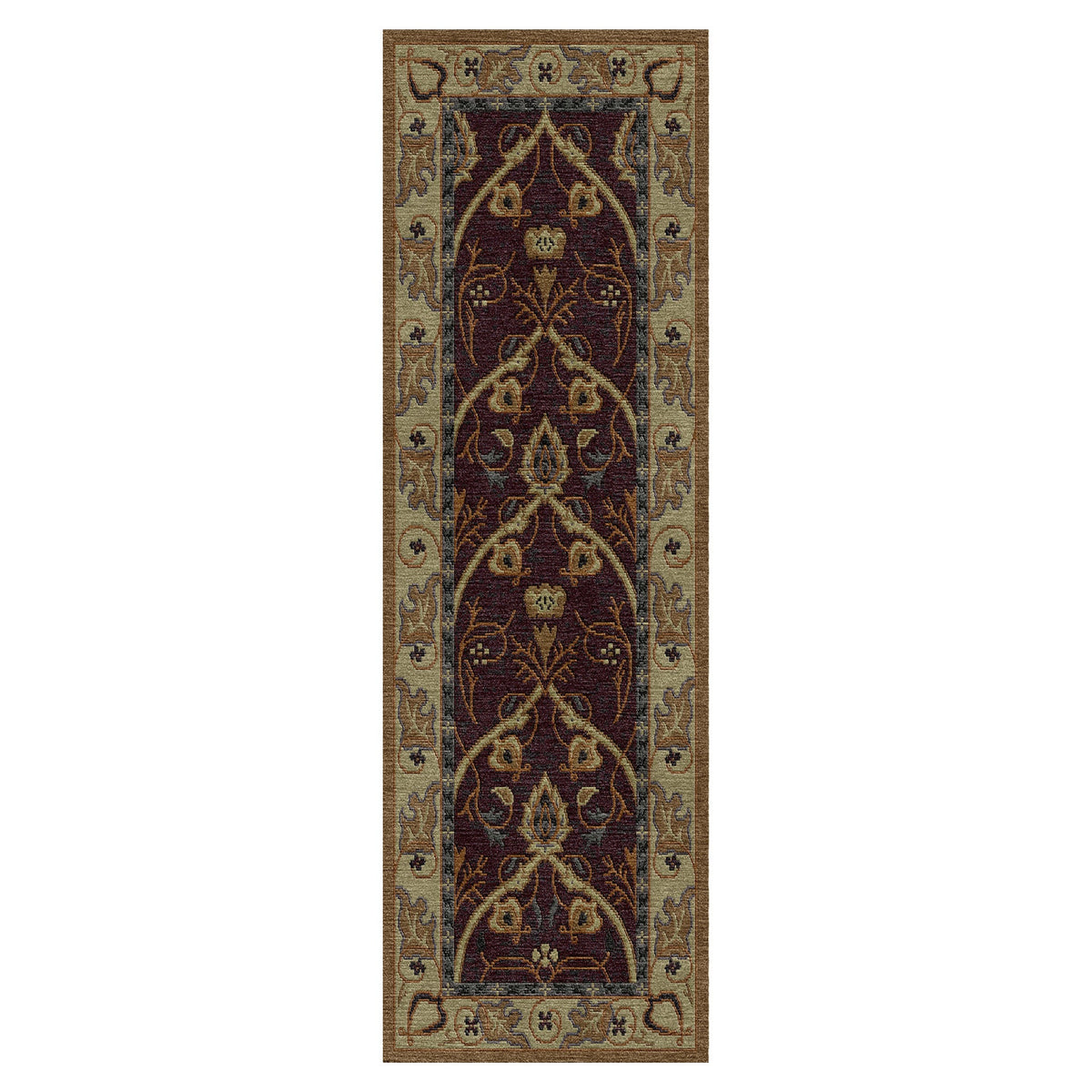 Bungalow Garden Stickley wool runner rug with burgundy and gold Arts and Crafts floral design