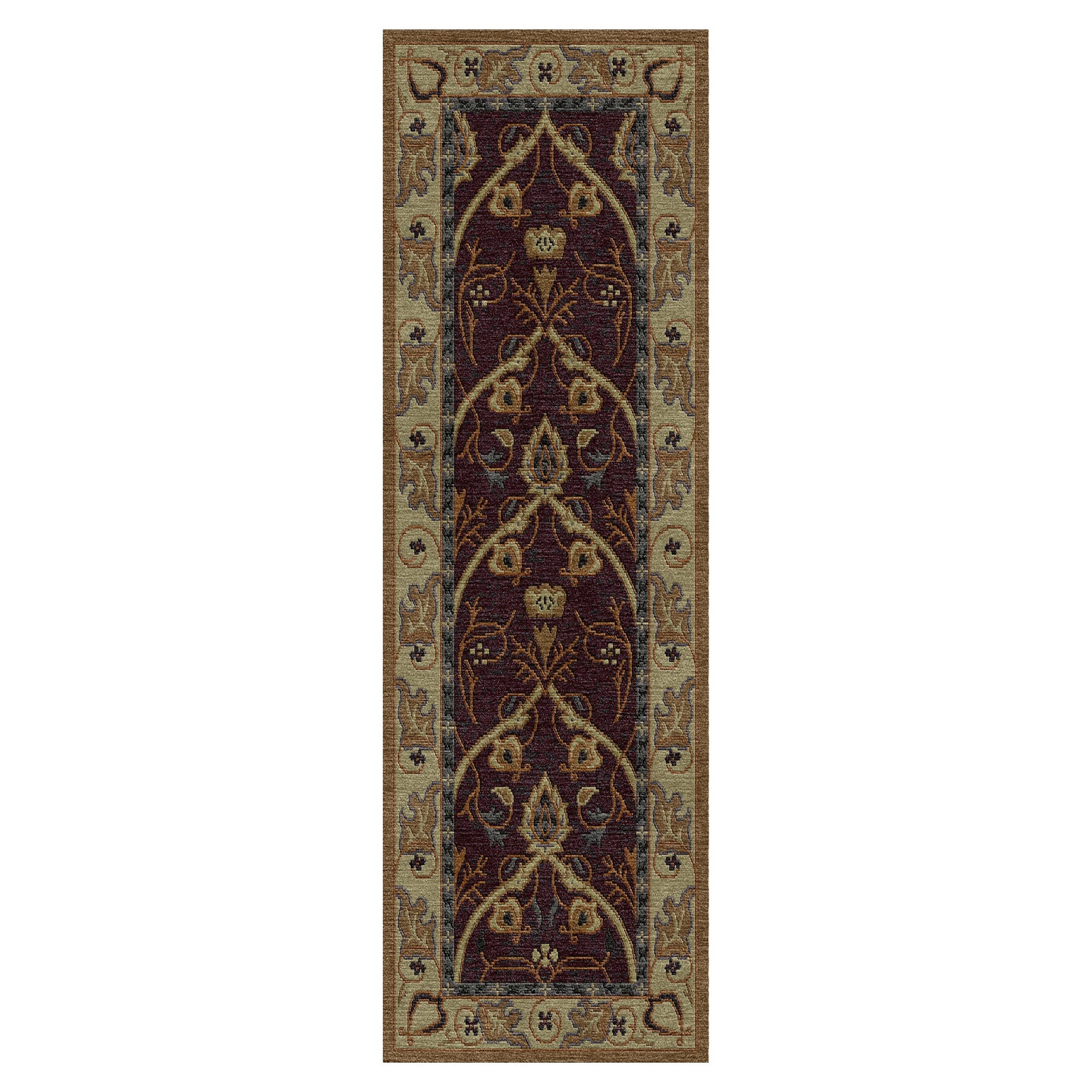 Bungalow Garden Stickley wool runner rug with burgundy and gold Arts and Crafts floral design