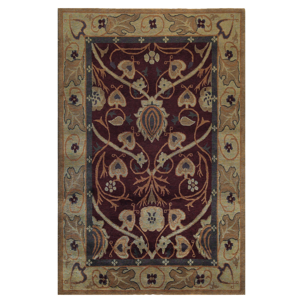 Stickley Bungalow Garden hand-knotted wool rug with Arts and Crafts botanical designs in burgundy and gold.