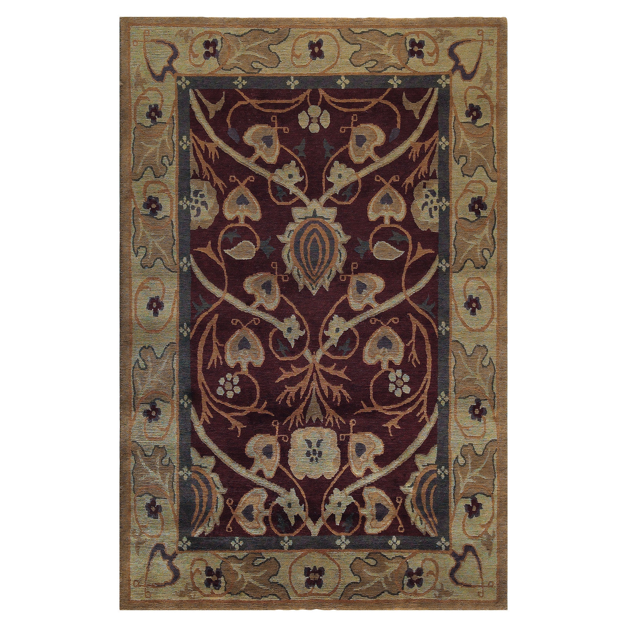 Stickley Bungalow Garden hand-knotted wool rug with Arts and Crafts botanical designs in burgundy and gold.