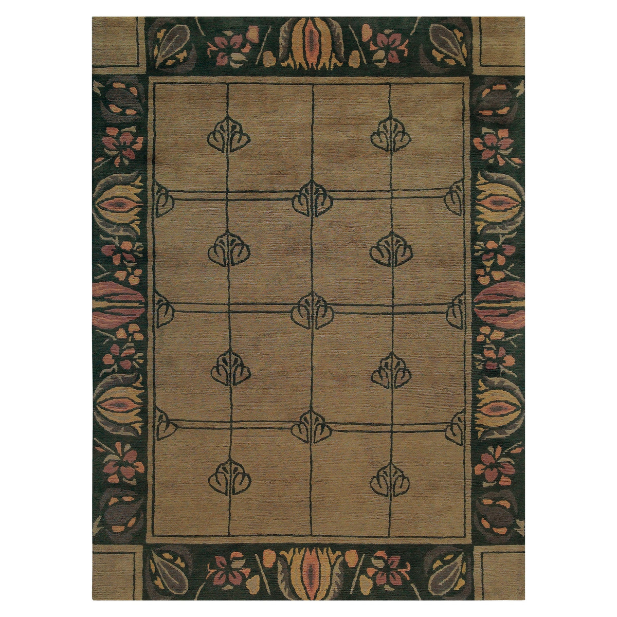 Mackintosh Stickley Windyhill wool rug in brown with a floral border and grid design.