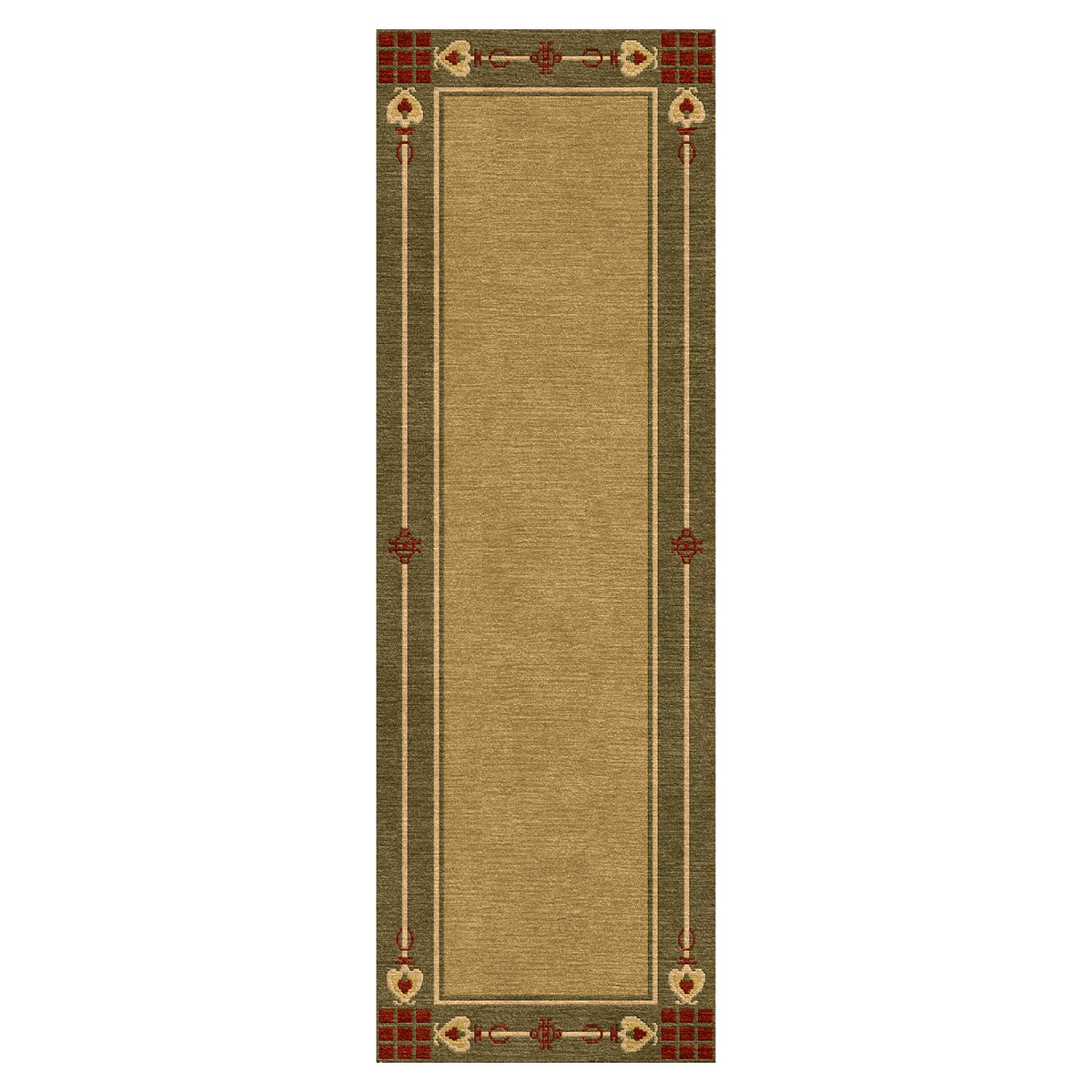 Highland Park green wool runner rug with Arts and Crafts geometric border design