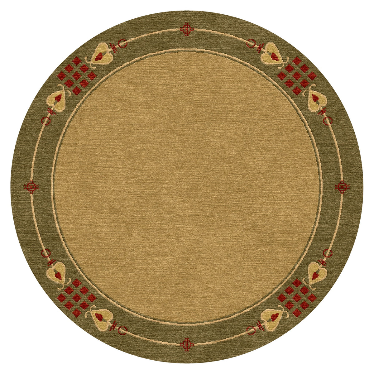 Round green and gold Highland Park Stickley wool rug with Arts and Crafts geometric border.