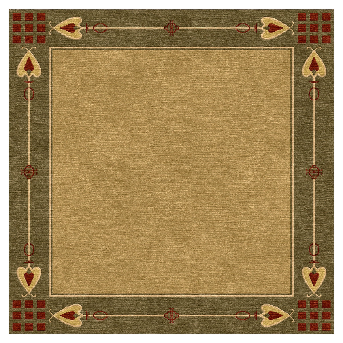 Highland Park green wool rug with Arts and Crafts style borders and a tan center.
