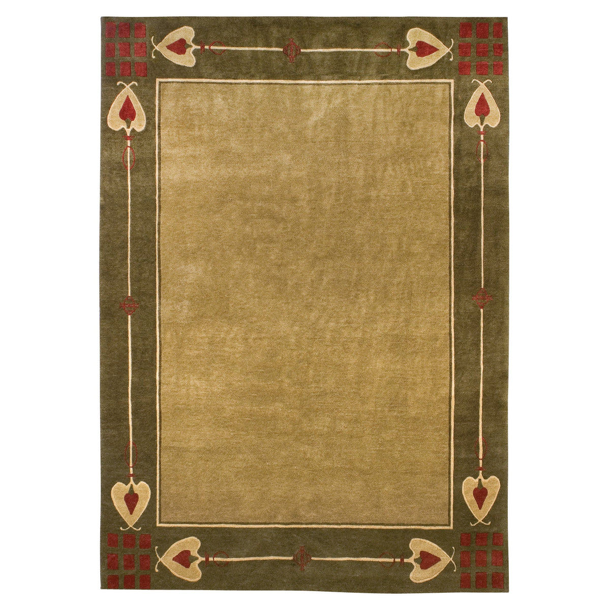 Highland Park green wool rug with Arts and Crafts leaf and geometric border design.
