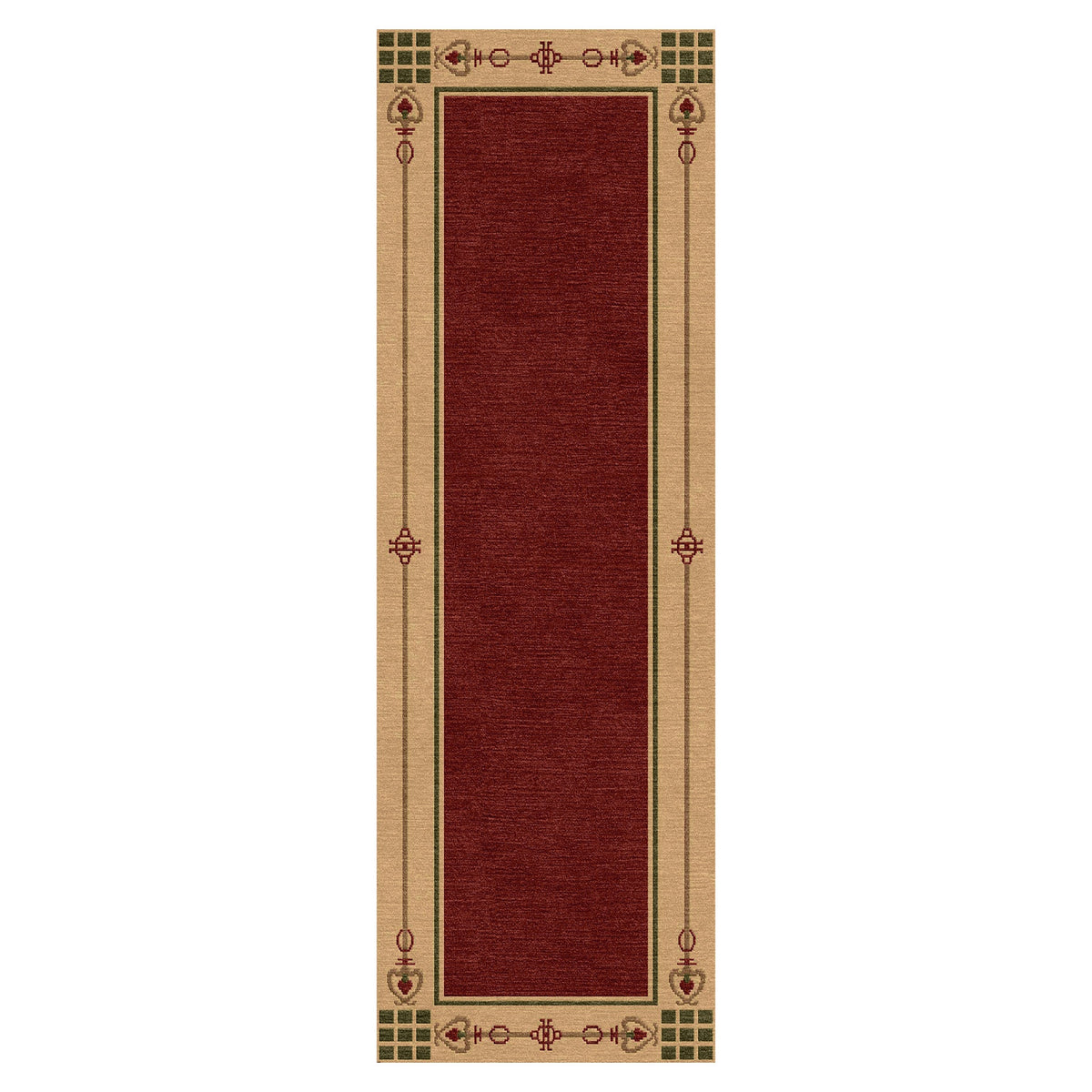 Highland Park Stickley red wool runner rug with Arts and Crafts geometric border.